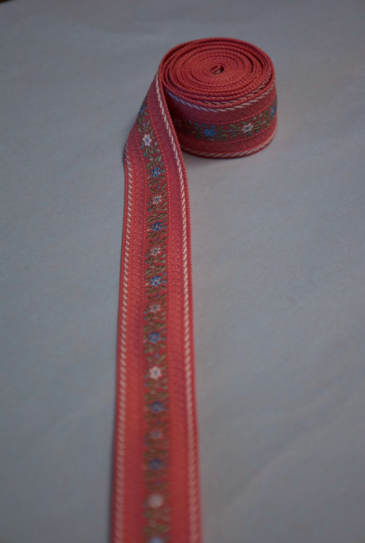 Jacquardbånd blomstret 25 mm Rosa