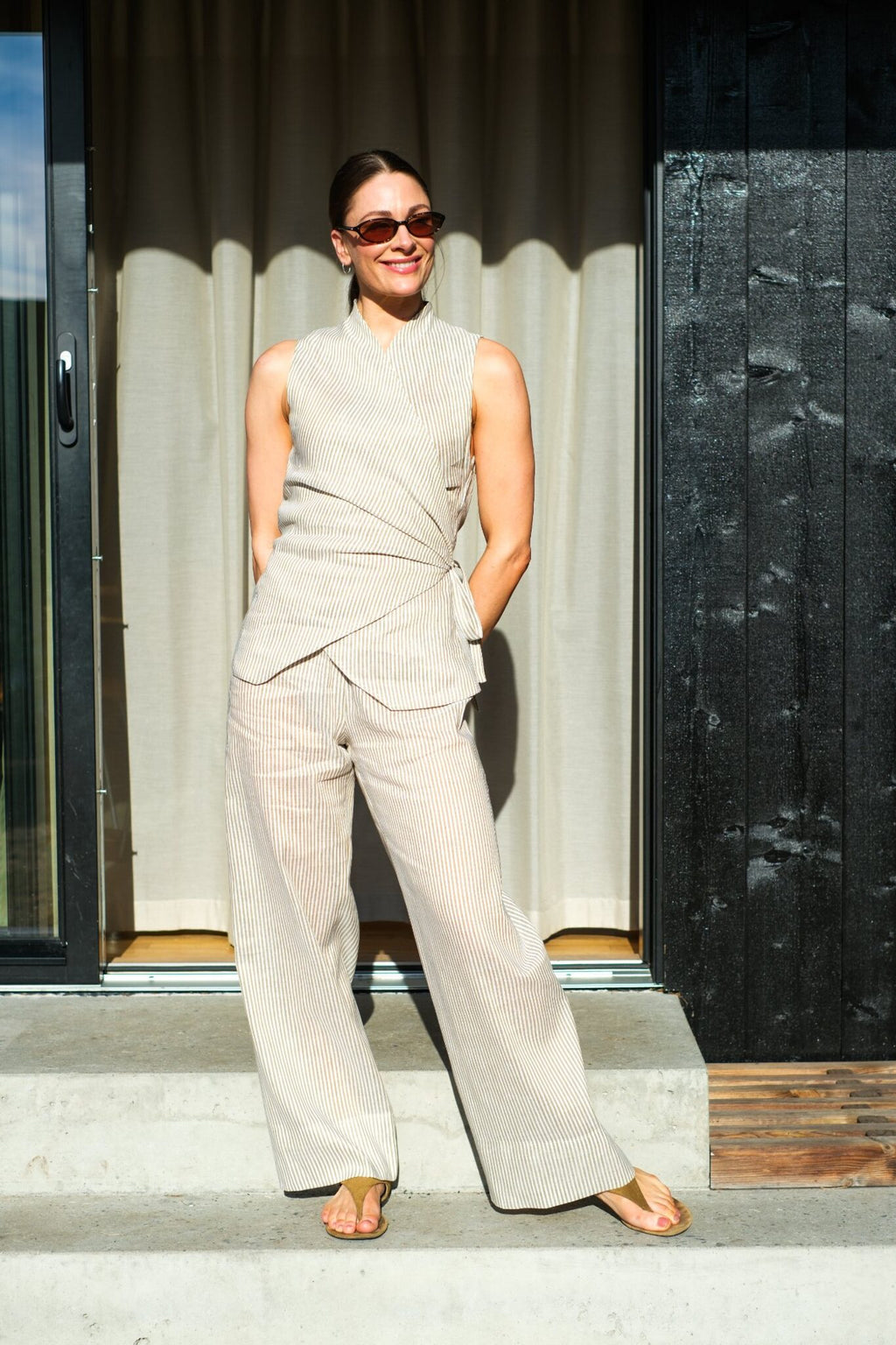 Linda - Stripet beige Lin/Bomull