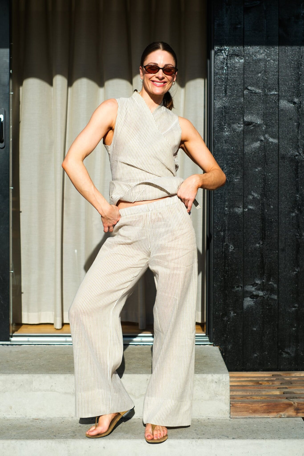 Linda - Stripet beige Lin/Bomull